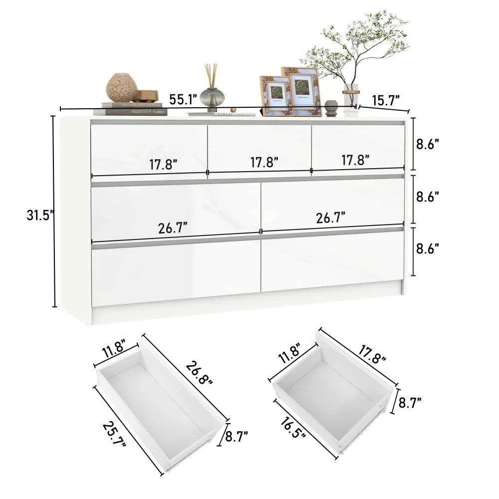 7 Drawer Dresser for Bedroom, 55 Inch Modern Dresser with High Gloss Drawers, Large Wood Chest of Drawer, White/Black