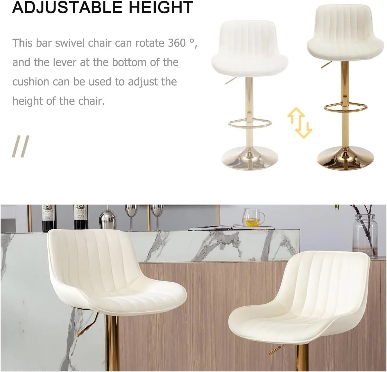 Adjustable Swivel Gold Bar Stools Set of 4, Counter Height with Backs, Modern Velvet Island Chairs for Kitchen Home Decor(Beige)