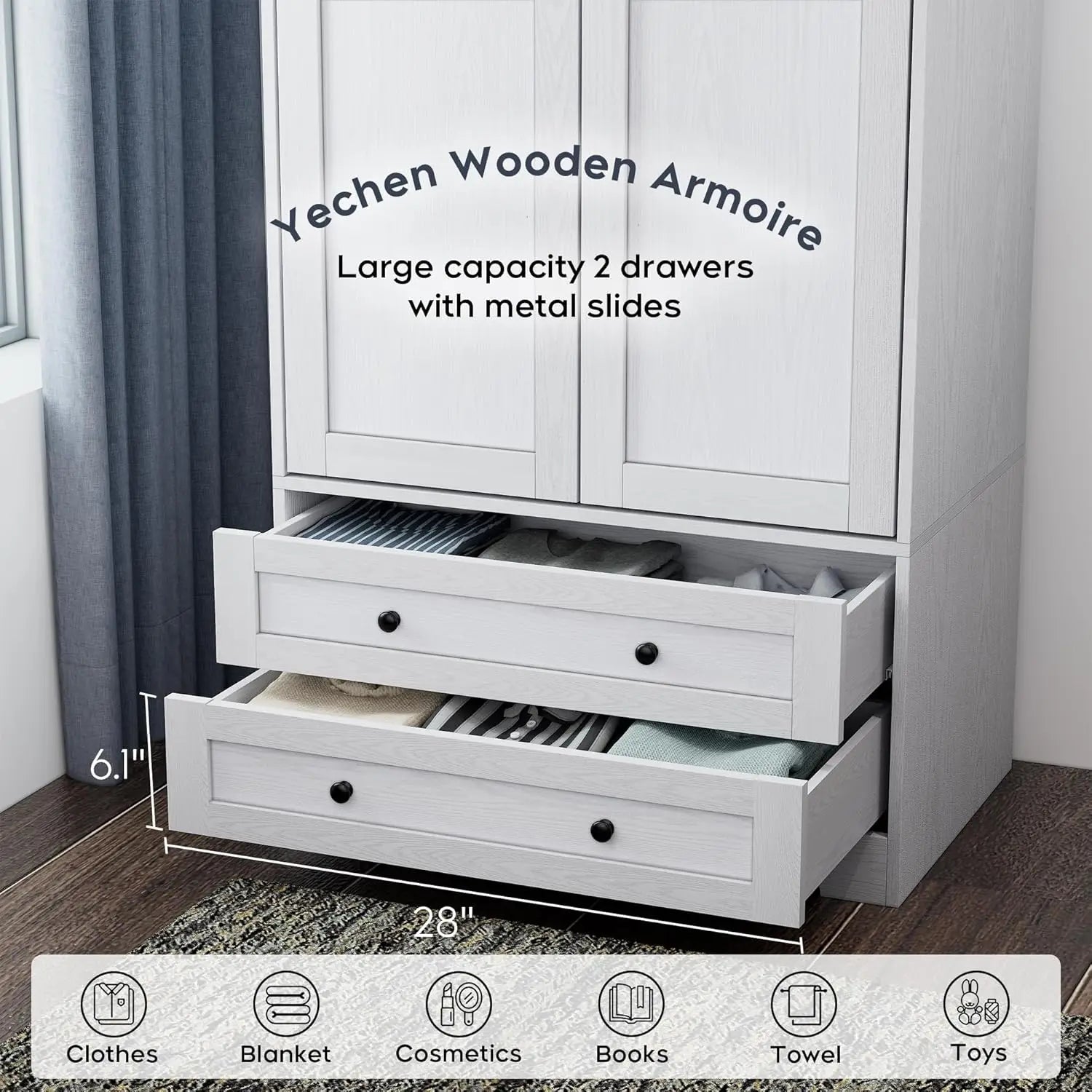 Wooden Armoire Wardrobe Closet - Modern Functional Clothes Tall Storage Cabinet with Adjustable Shelf and Hanging Rail, Sturdy F