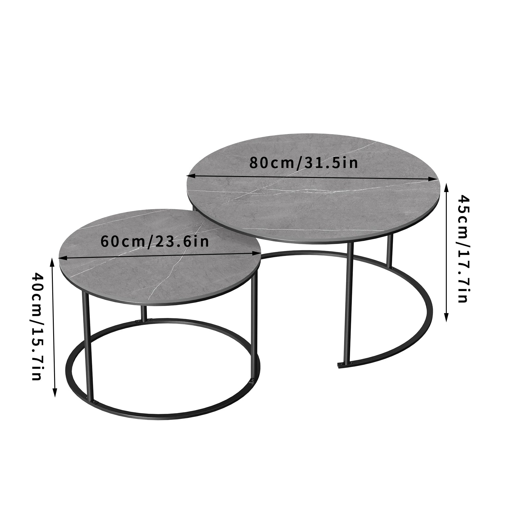 Set of 2 Real Marble Round Nesting Coffee Table Grey Side End Table Accent Table Metal Legs Waterproof
