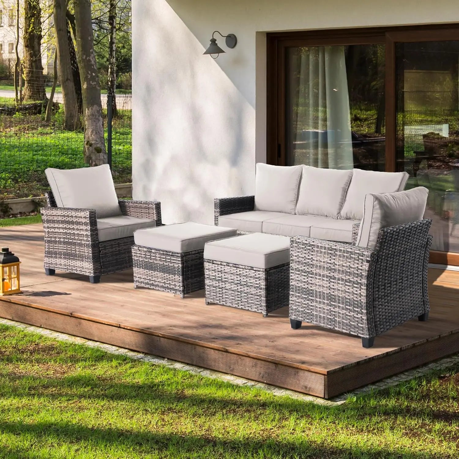 5 Piece Rattan Outdoor Patio Furniture Set, Weather-Resistant Outdoor Conversation Furniture