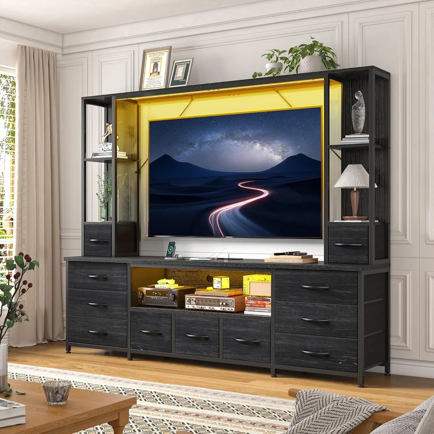65" TV Stands for Living Room, Large Wall Unit Entertainment Center with 11 Fabric Drawer