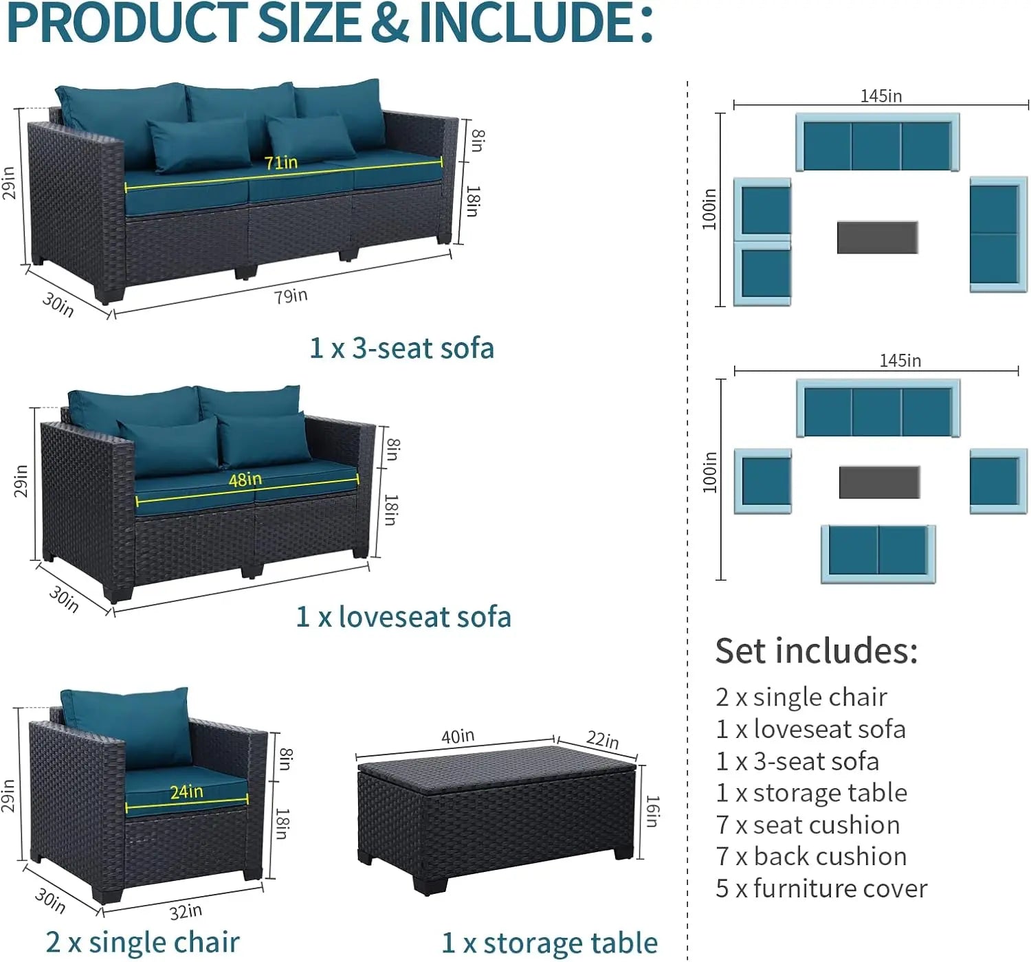 5-Piece Patio Furniture Set, Outdoor Couch, Chairs, Coffee Table, Peacock Blue, Anti-Slip Cushions, Waterproof Covers