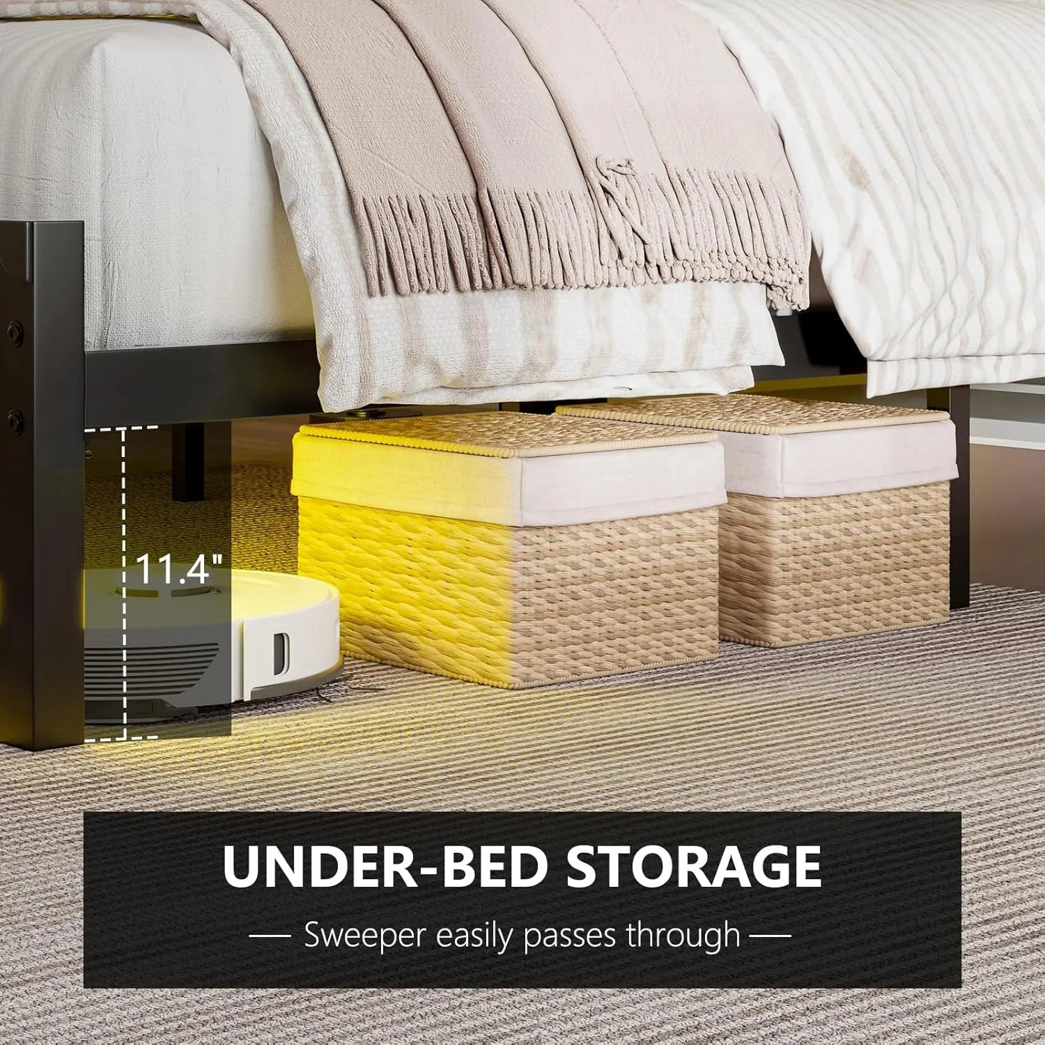 Queen Size Bed Frame with RGBW LED Lights & Charging Station, Upholstered Headboard with 2-Tier Storage, Stable Metal Platform