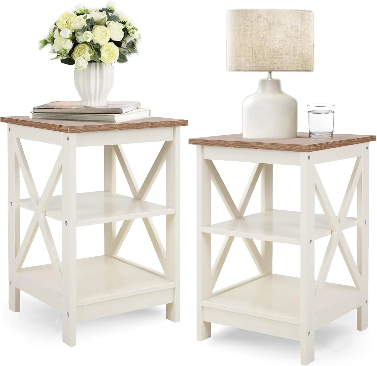 End Table Living Room Set of 2 - Farmhouse Bedside Table Nightstands for Bedroom, Ivory White Small Side Table