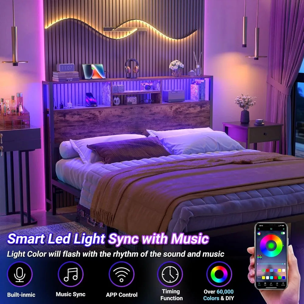 Headboard for Queen Size Bed with Storage, Headboards with Outlets, USB Ports and LED Light, Queen Head Board ,Height Adjustable