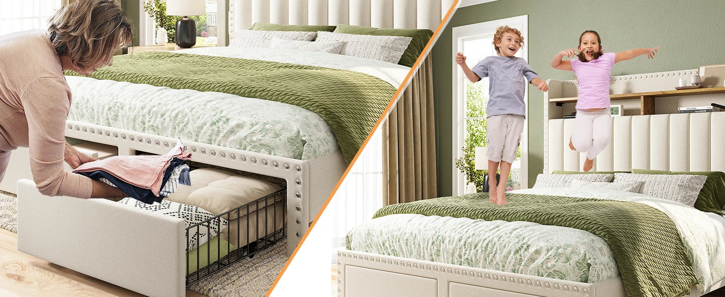 Bed Frame with Headboard and Storage, Upholstered Queen Bed Frame with Storage, Queen Size Bed Frame with 2 Drawers