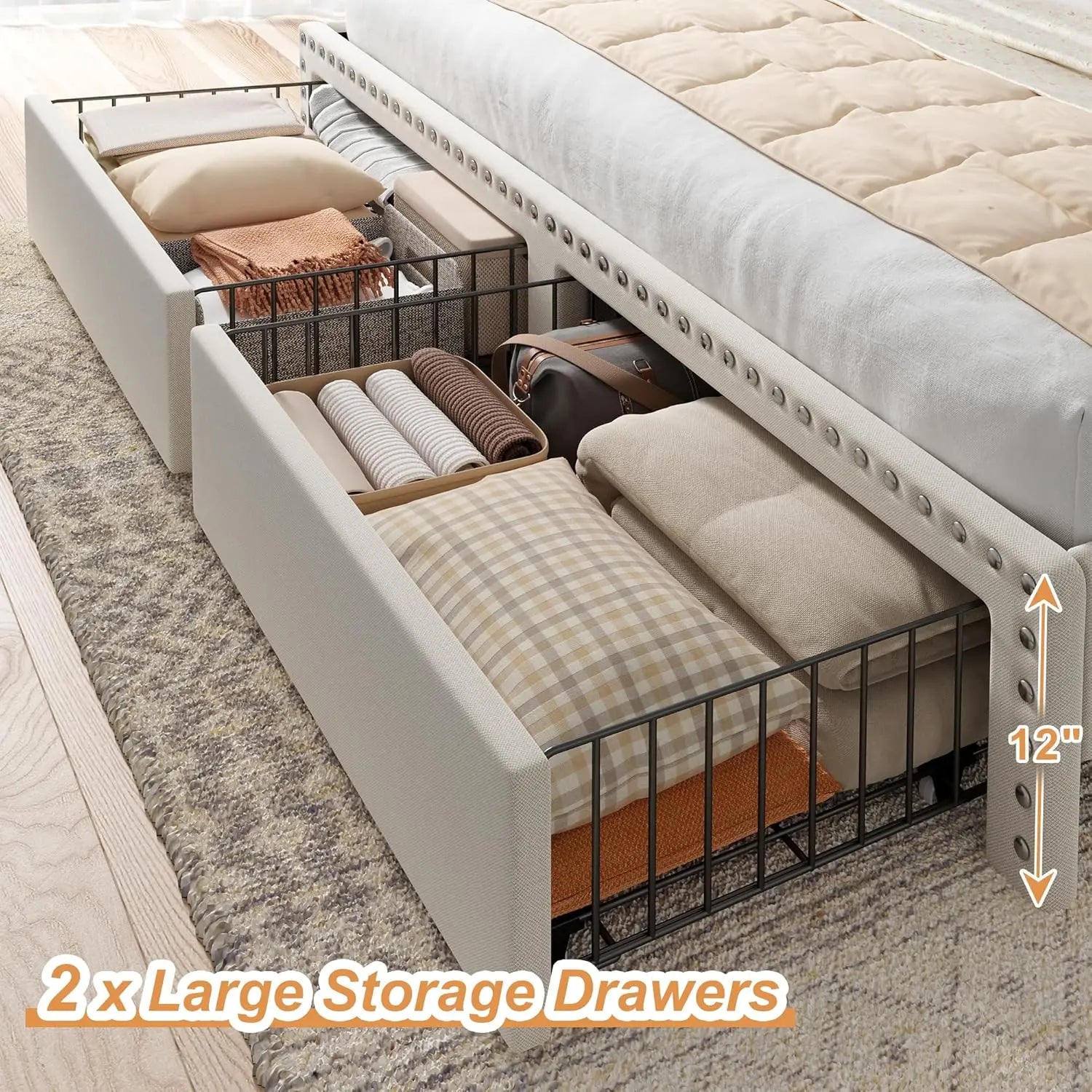 Bed Frame with Headboard and Storage, Upholstered Queen Bed Frame with Storage, Queen Size Bed Frame with 2 Drawers