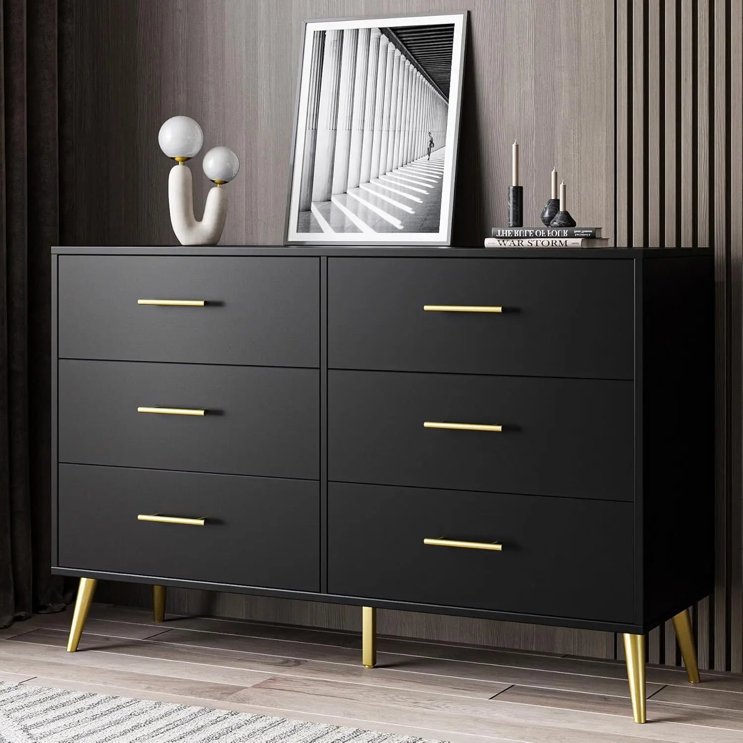 Black Dresser for Bedroom, 6 Drawer Dresser with Gold Metal Handles & Metal Legs, Wood Chests of Drawers for Bedroom