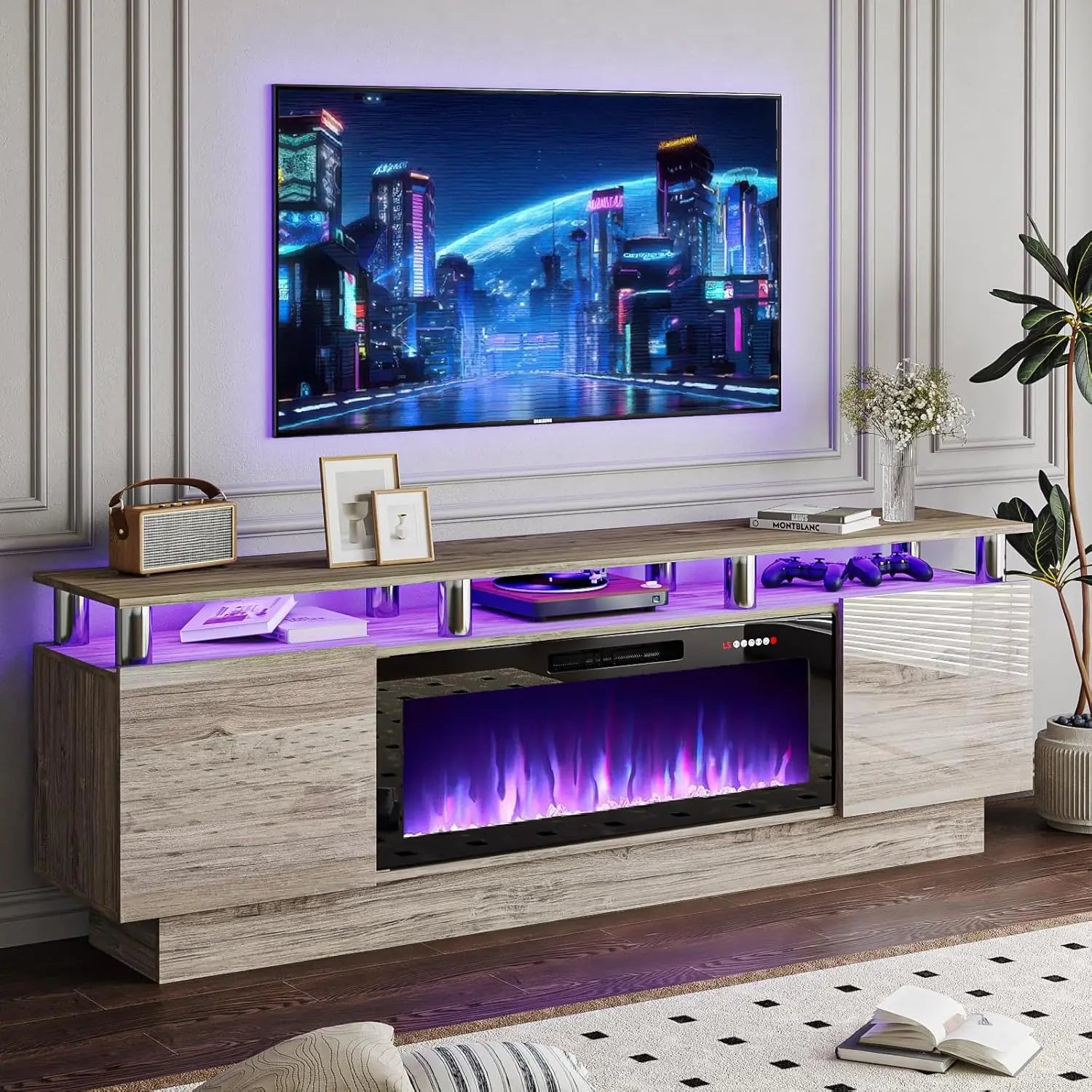 70" Modern Fireplace TV Stand with 36" Electric Fireplace for TVs Up to 80 inch, Luxury LED Light Entertainment Center