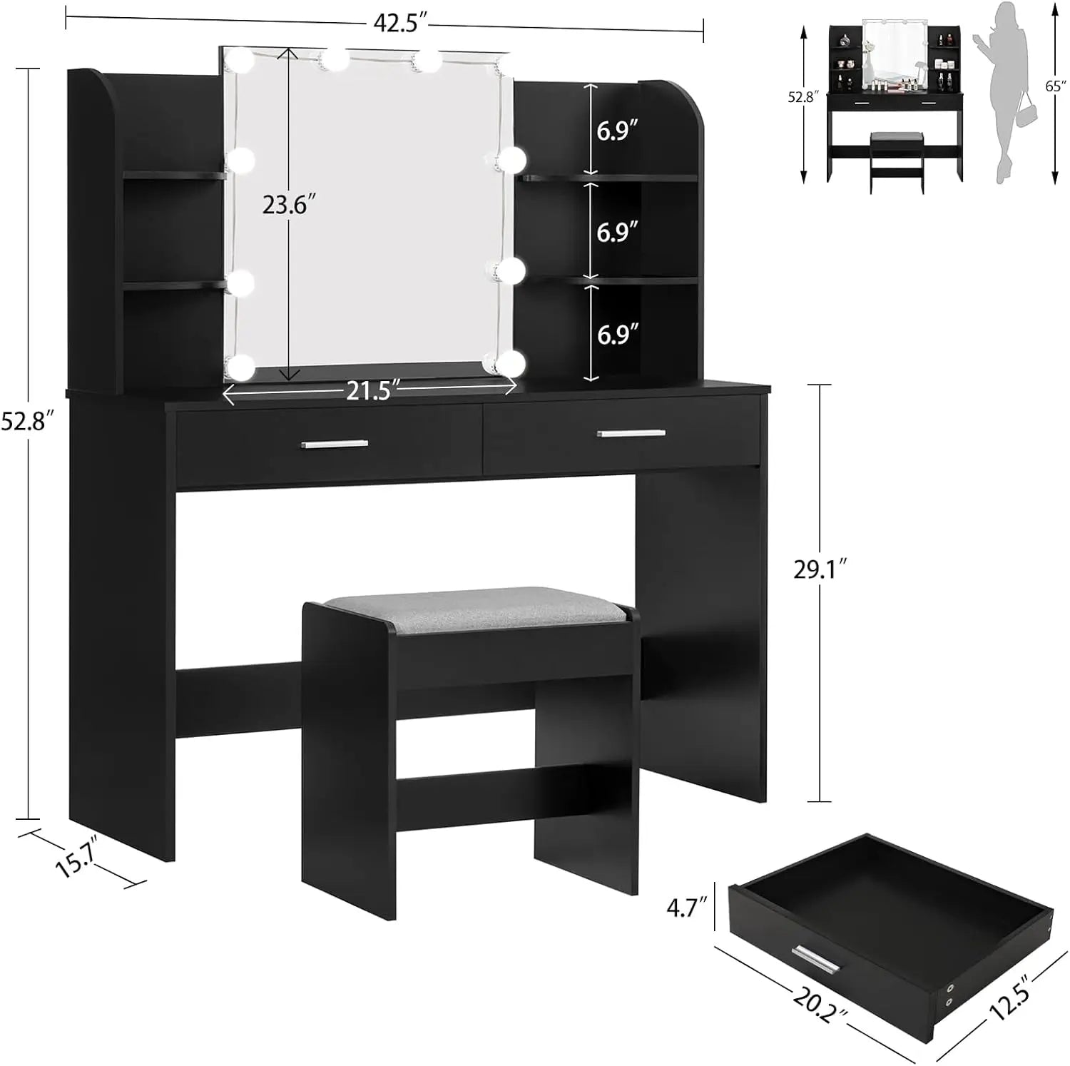 Makeup Vanity with Mirror &10 LED Lights, Vanity Makeup Table Set with 2 Drawers