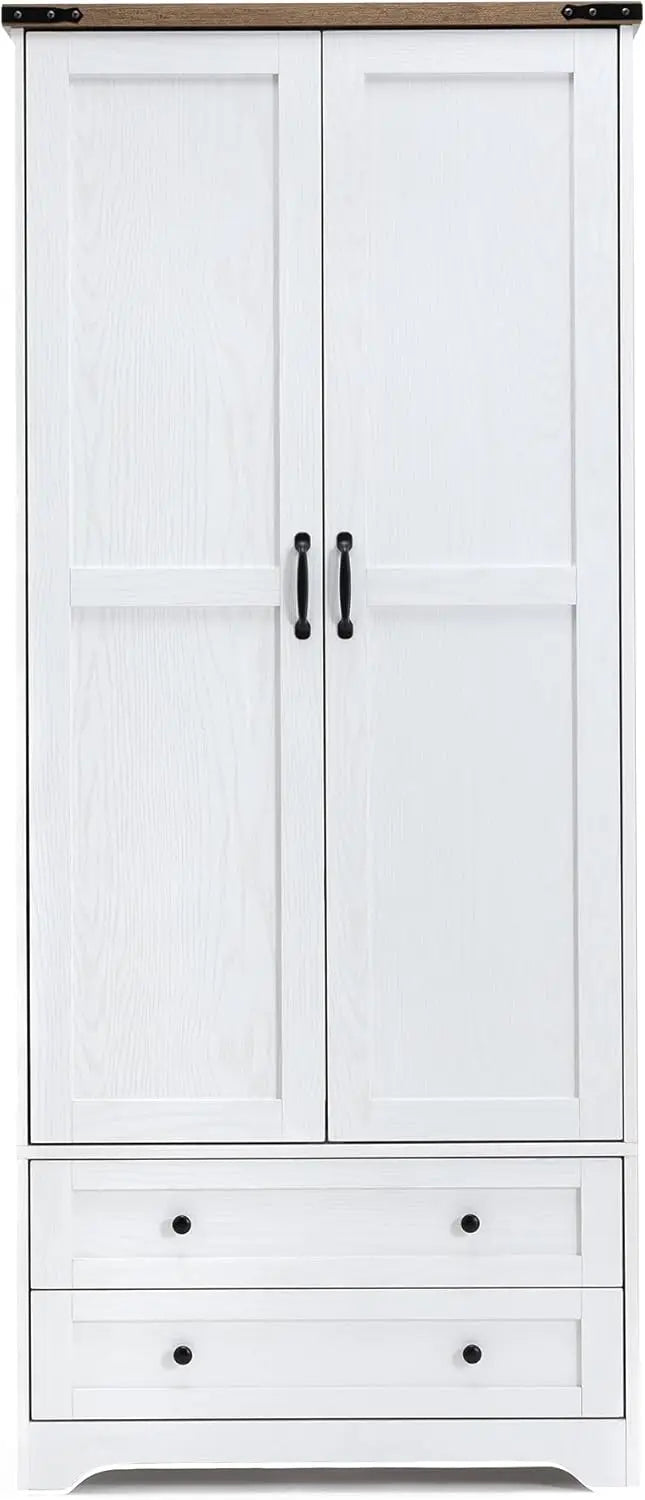 Wooden Armoire Wardrobe Closet - Modern Functional Clothes Tall Storage Cabinet with Adjustable Shelf and Hanging Rail, Sturdy F