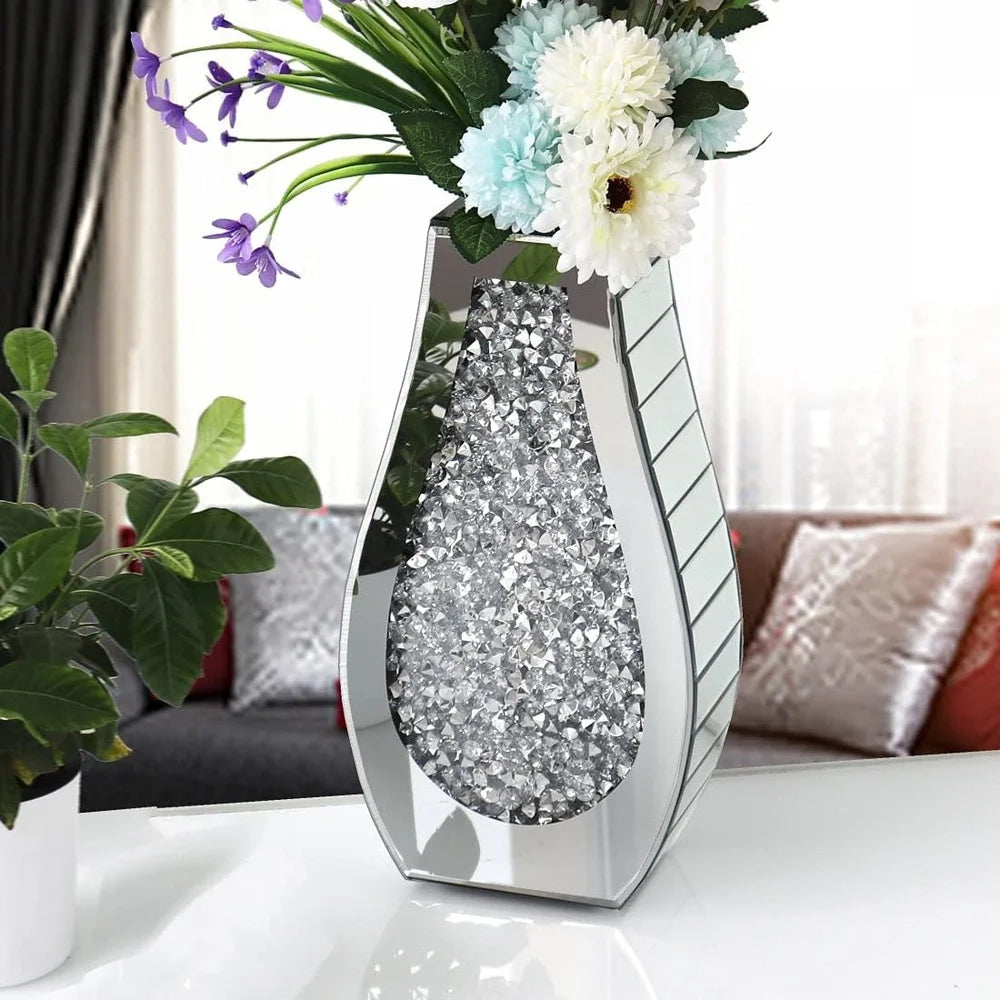 Luxury Crushed Diamond Mirrored Vase Decorative Arc-Shaped Crystal Glass Flower Holder Elegant Home Office Decor Gift