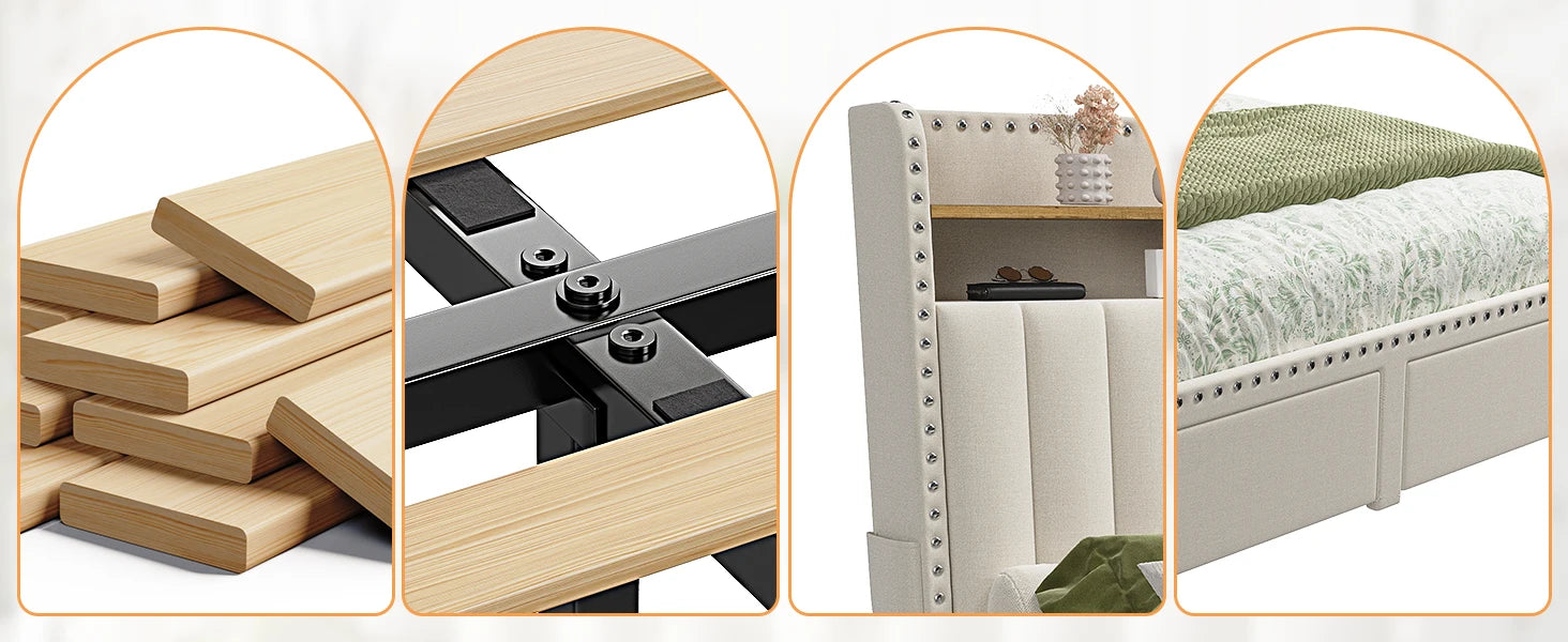 Bed Frame with Headboard and Storage, Upholstered Queen Bed Frame with Storage, Queen Size Bed Frame with 2 Drawers