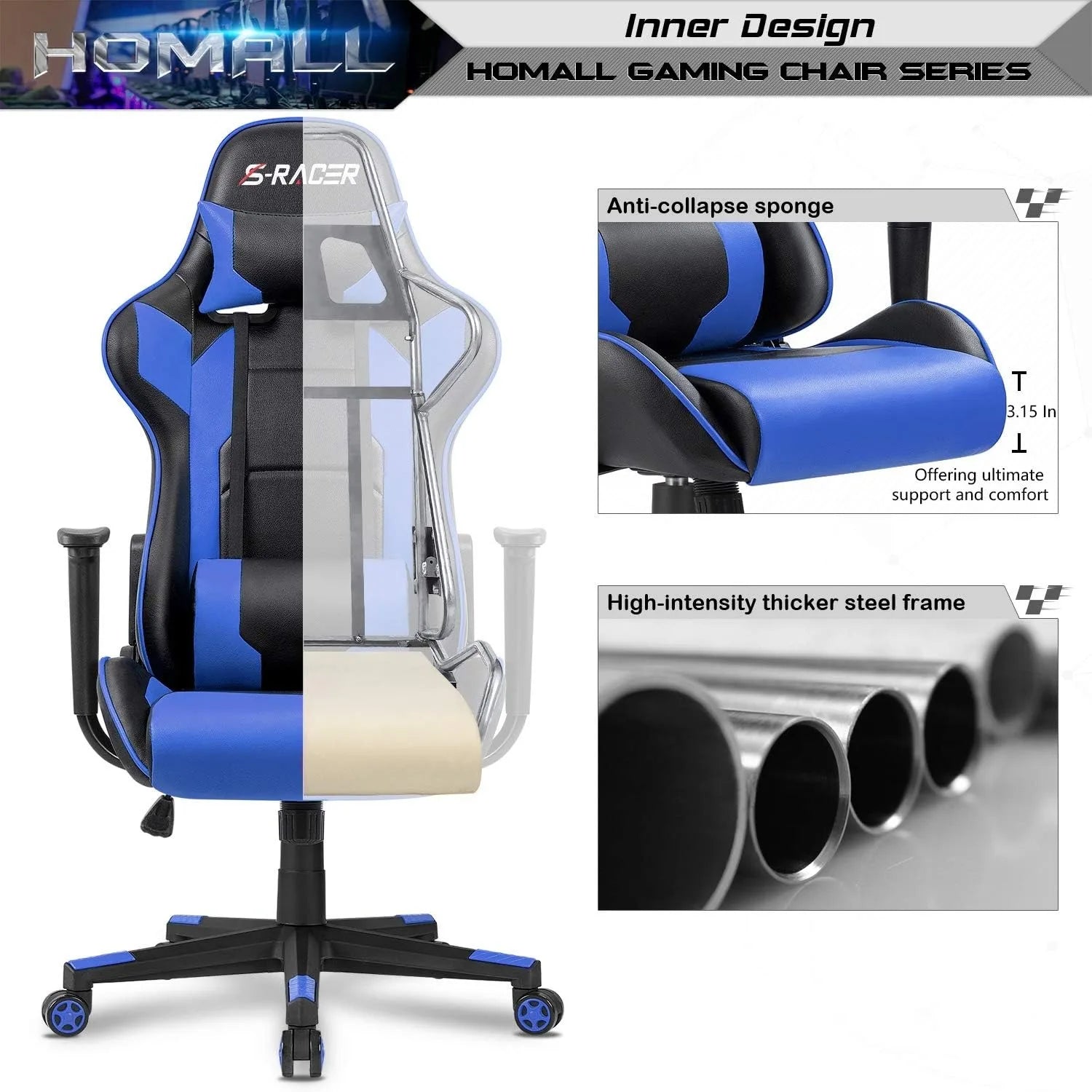 Gaming Executive Ergonomic Adjustable Swivel Task Chair with Headrest and Lumbar Support,19.8"D x 20.5"W x 47.8"H