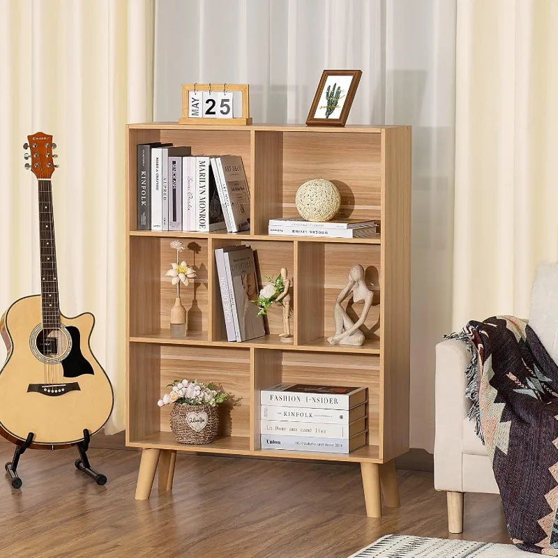 Wooden 7 Cube Book Shelf, Natural 3 Tier Bookshelf with Legs, Modern Open Storage Organizer,Boho Bookcase,Display Cabinet Shelf