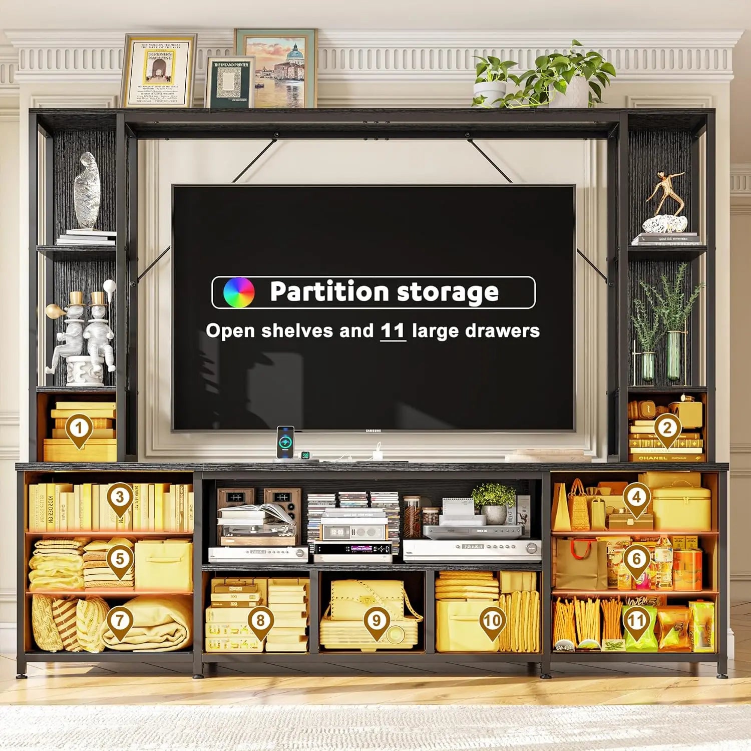 65" TV Stands for Living Room, Large Wall Unit Entertainment Center with 11 Fabric Drawer
