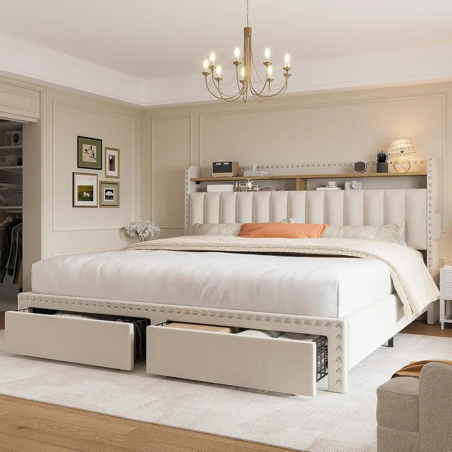 Bed Frame with Headboard and Storage, Upholstered Queen Bed Frame with Storage, Queen Size Bed Frame with 2 Drawers