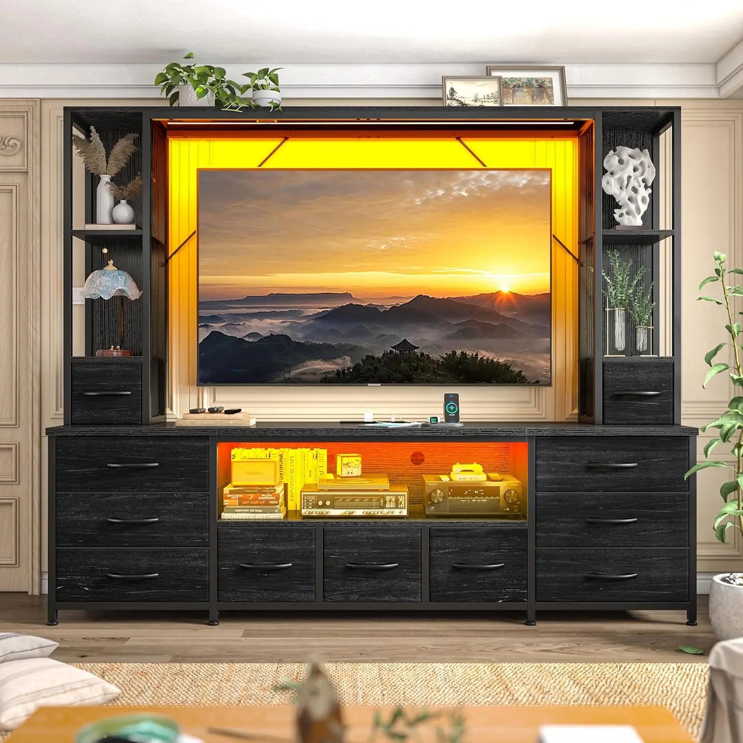 65" TV Stands for Living Room, Large Wall Unit Entertainment Center with 11 Fabric Drawer