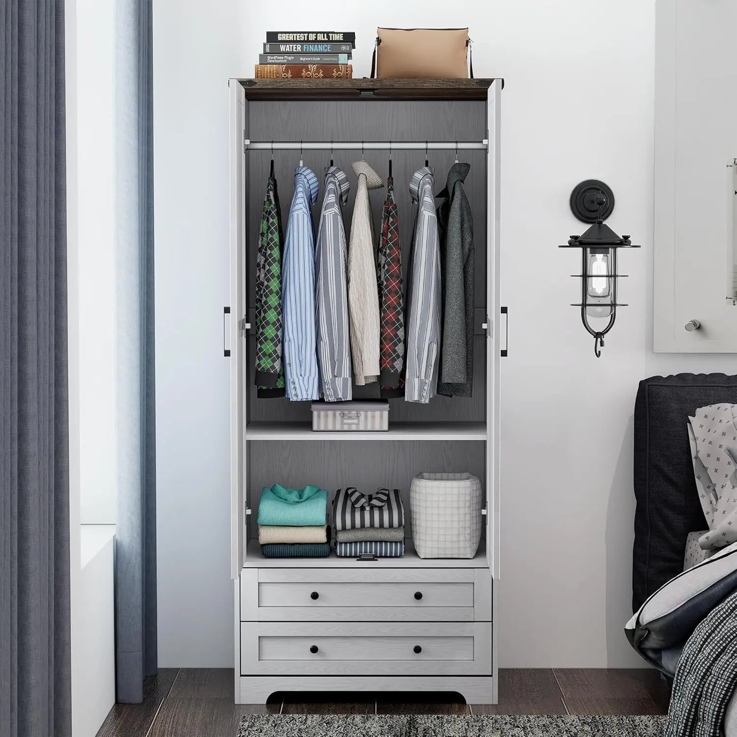 Wooden Armoire Wardrobe Closet - Modern Functional Clothes Tall Storage Cabinet with Adjustable Shelf and Hanging Rail, Sturdy F