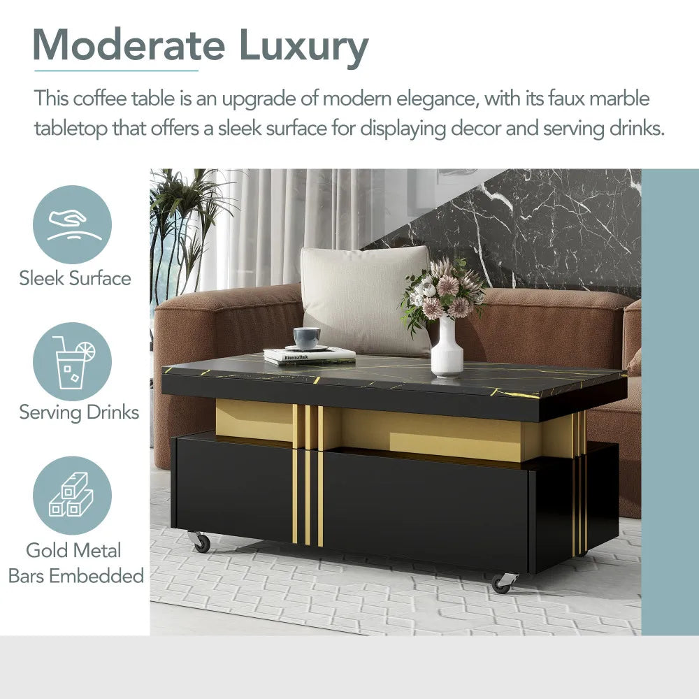 Contemporary Coffee Table with Faux Marble Top, Rectangle Cocktail Table with Caster Wheels, Moderate