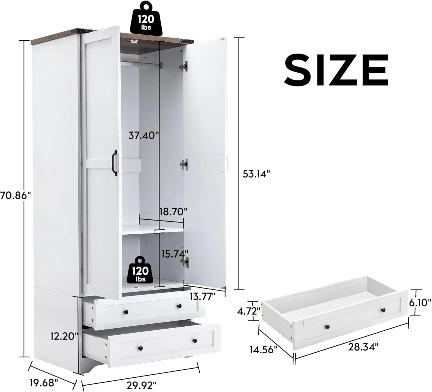 Wooden Armoire Wardrobe Closet - Modern Functional Clothes Tall Storage Cabinet with Adjustable Shelf and Hanging Rail, Sturdy F