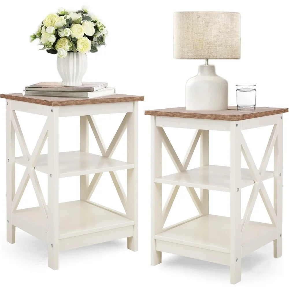 End Table Living Room Set of 2 - Farmhouse Bedside Table Nightstands for Bedroom, Ivory White Small Side Table