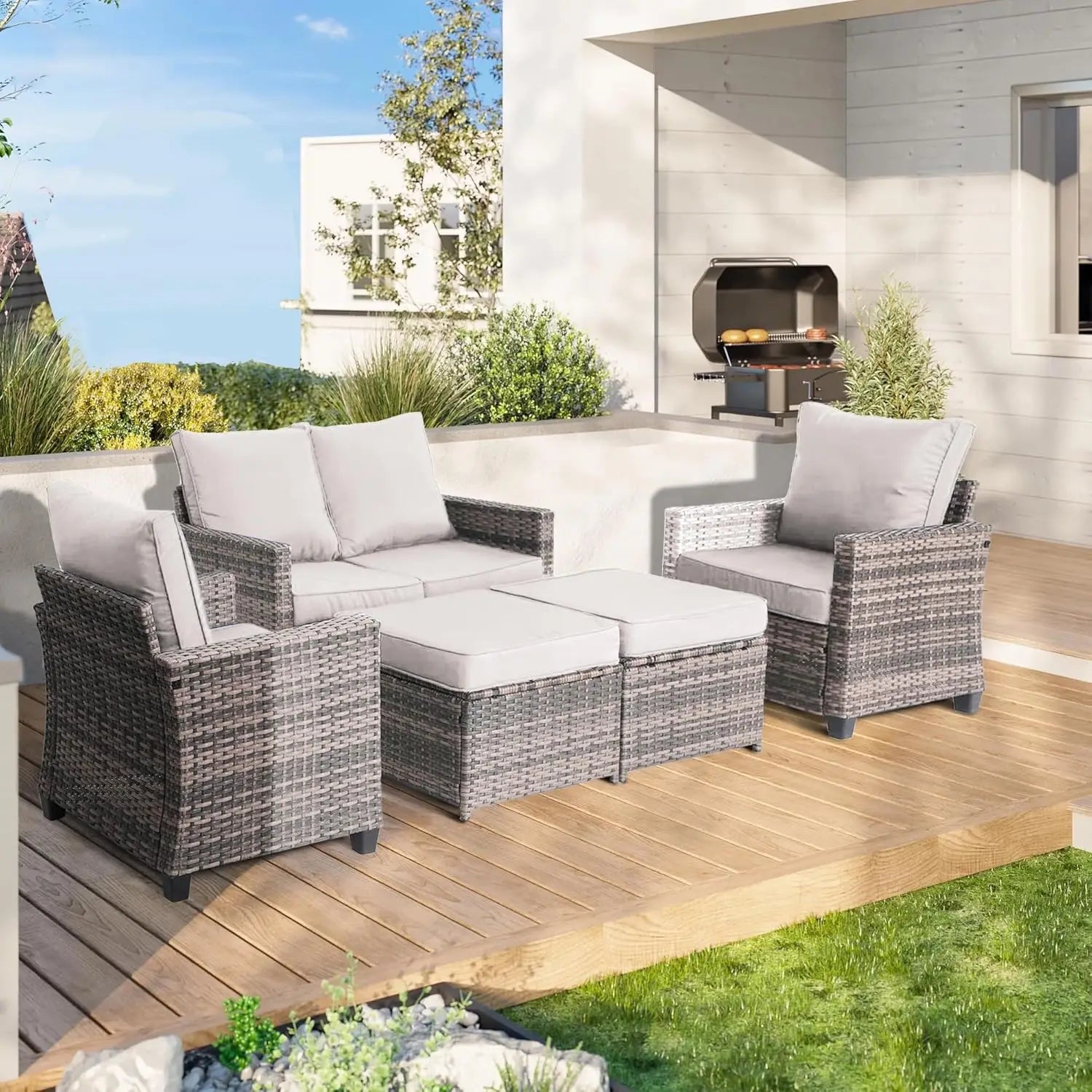 5 Piece Rattan Outdoor Patio Furniture Set, Weather-Resistant Outdoor Conversation Furniture