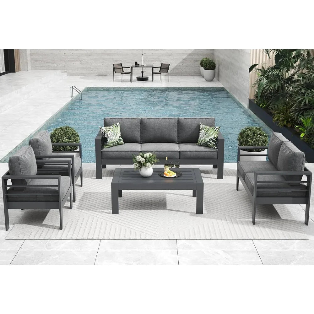 Modern 5-Piece Aluminum Patio Furniture Set – Metal Sectional Sofa with Coffee Table