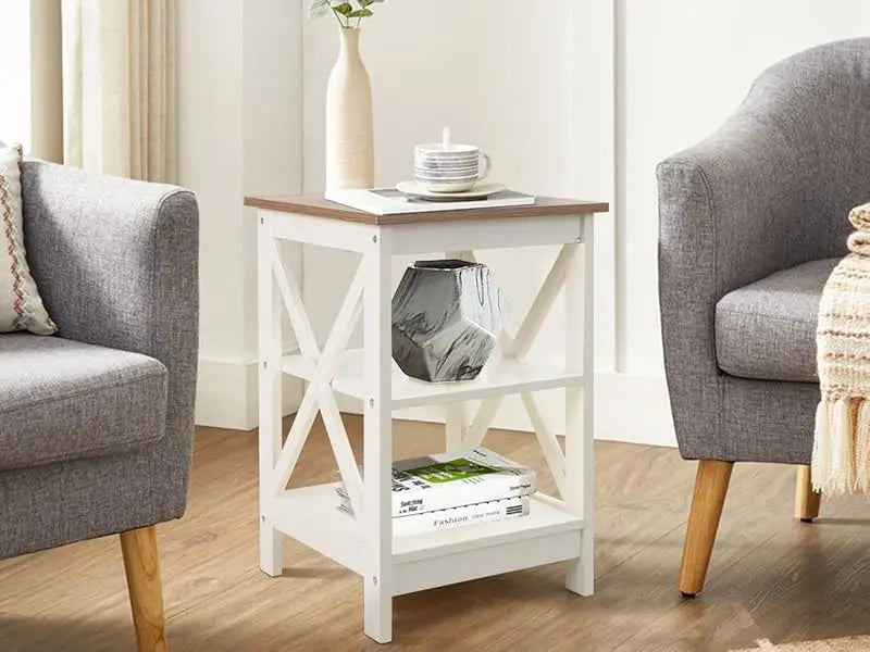 End Table Living Room Set of 2 - Farmhouse Bedside Table Nightstands for Bedroom, Ivory White Small Side Table