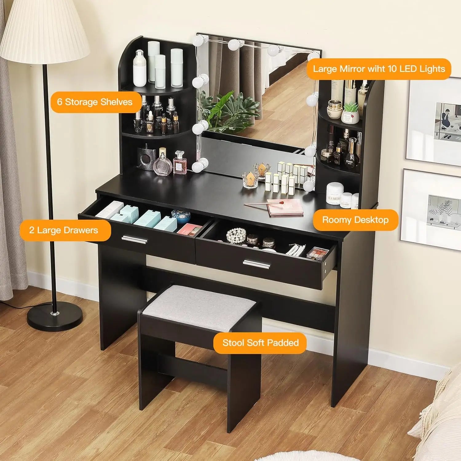 Makeup Vanity with Mirror &10 LED Lights, Vanity Makeup Table Set with 2 Drawers