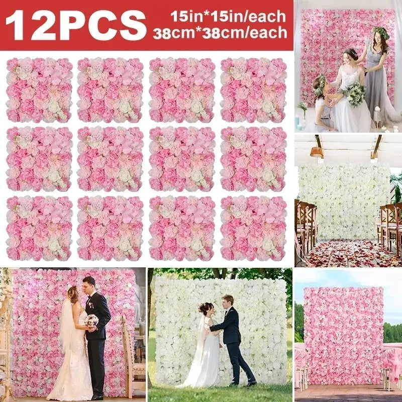 12PCS Artificial Flowers Roses Wall Panel 3D Flower Backdrop Faux Roses for Wall Party Wedding Bridal Shower Outdoor Decoration