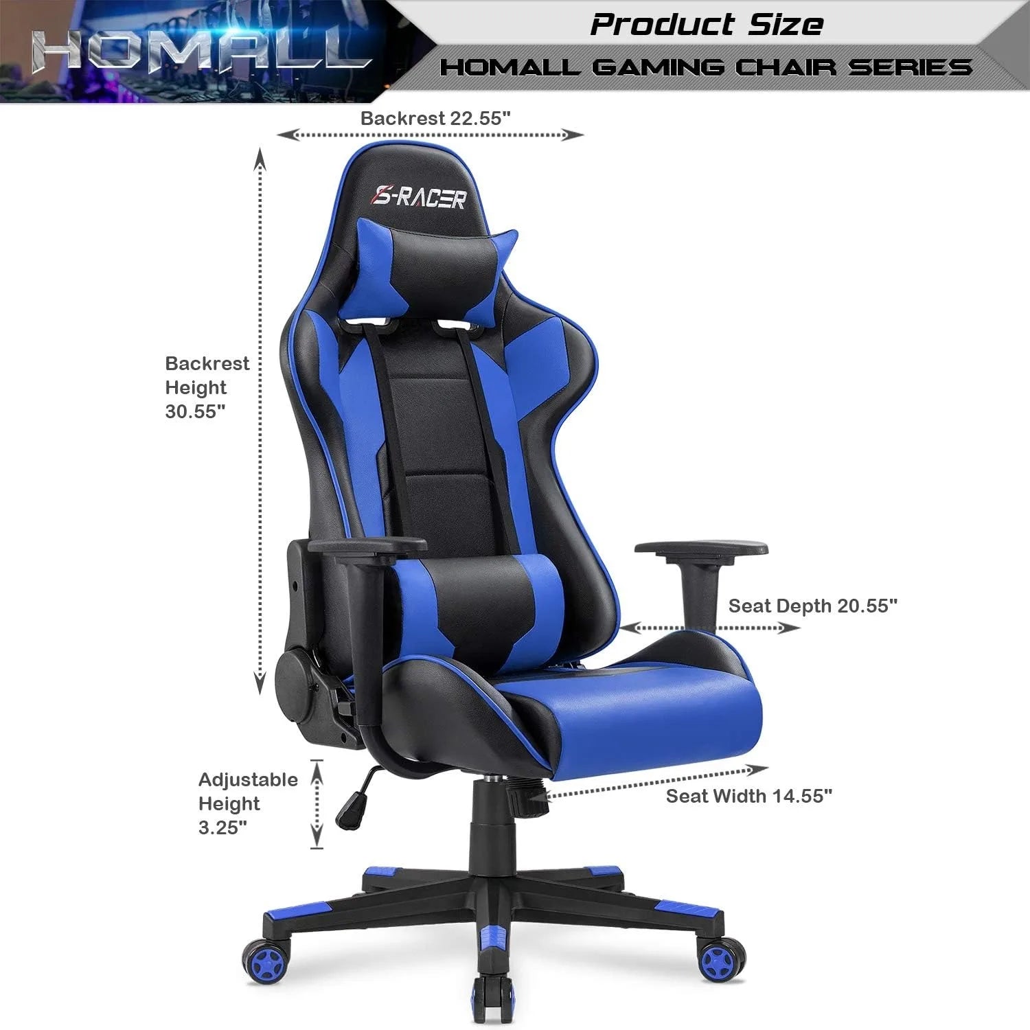 Gaming Executive Ergonomic Adjustable Swivel Task Chair with Headrest and Lumbar Support,19.8"D x 20.5"W x 47.8"H