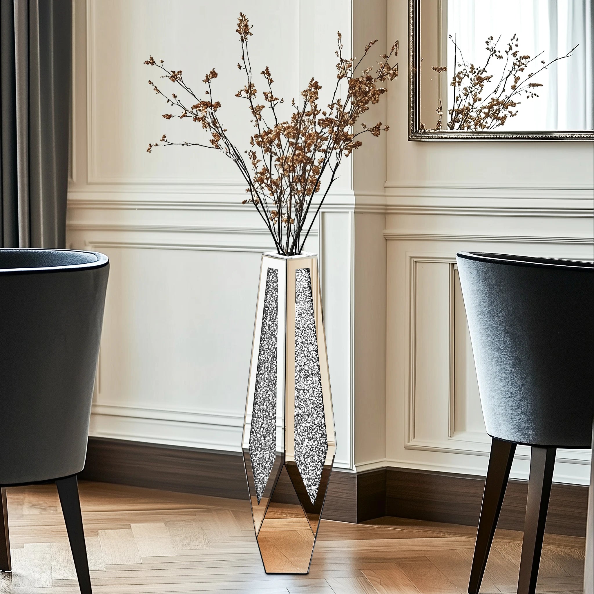 Tall Floor Mirror Vase, Large Crushed Diamond Glass Vase for Home Decor Modern Crystal Centerpiece for Living Room Wedding Hotel