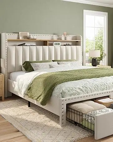 Bed Frame with Headboard and Storage, Upholstered Queen Bed Frame with Storage, Queen Size Bed Frame with 2 Drawers