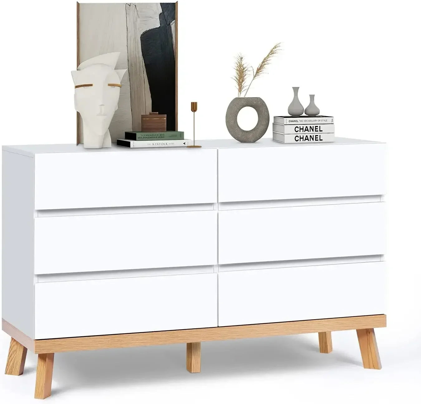 Dresser for Bedroom 6 Drawer Double Dresser Chest of Drawers Large Storage Cabinet Wooden Dresser for Bedroom (White)
