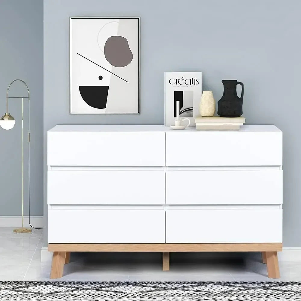 Dresser for Bedroom 6 Drawer Double Dresser Chest of Drawers Large Storage Cabinet Wooden Dresser for Bedroom (White)