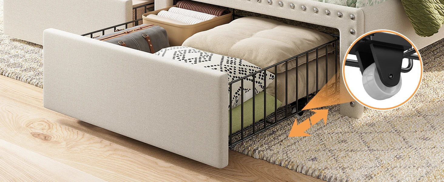 Bed Frame with Headboard and Storage, Upholstered Queen Bed Frame with Storage, Queen Size Bed Frame with 2 Drawers