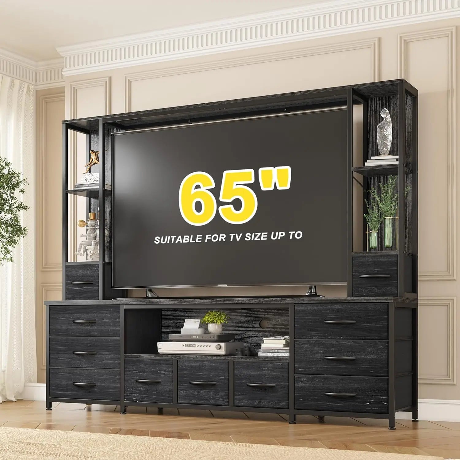 65" TV Stands for Living Room, Large Wall Unit Entertainment Center with 11 Fabric Drawer