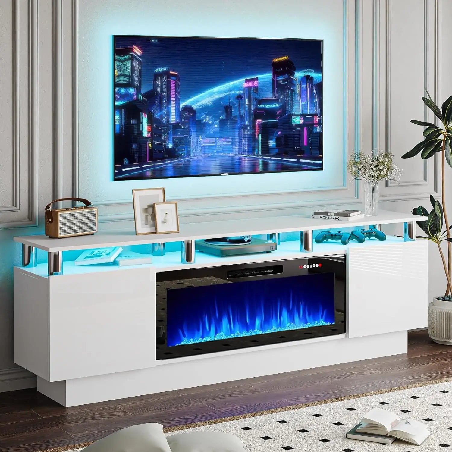70" Modern Fireplace TV Stand with 36" Electric Fireplace for TVs Up to 80 inch, Luxury LED Light Entertainment Center