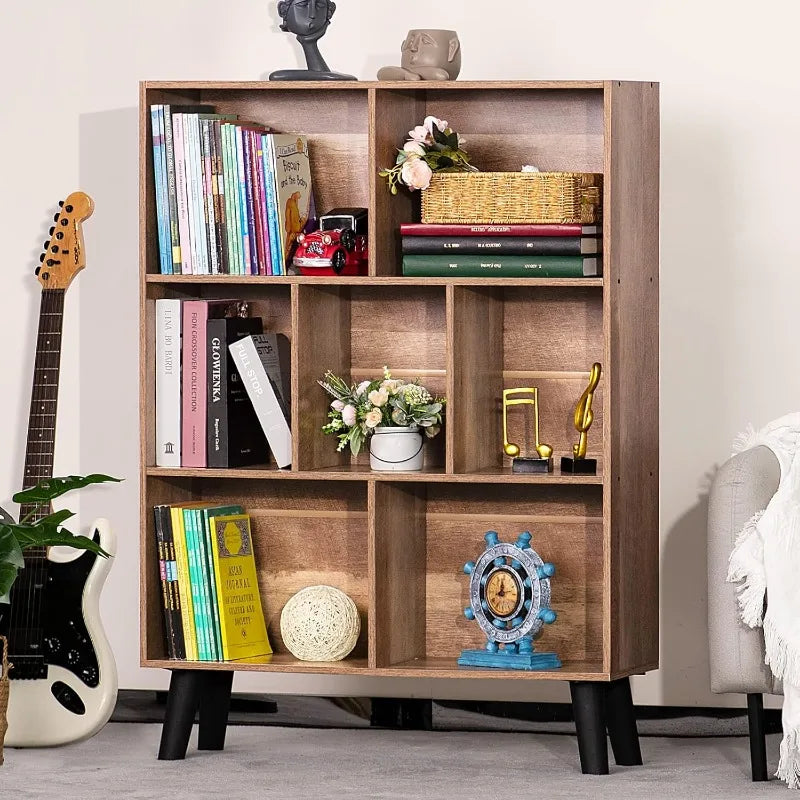 Wooden 7 Cube Book Shelf, Natural 3 Tier Bookshelf with Legs, Modern Open Storage Organizer,Boho Bookcase,Display Cabinet Shelf