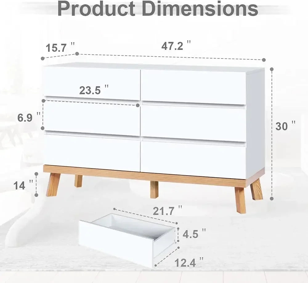 Dresser for Bedroom 6 Drawer Double Dresser Chest of Drawers Large Storage Cabinet Wooden Dresser for Bedroom (White)