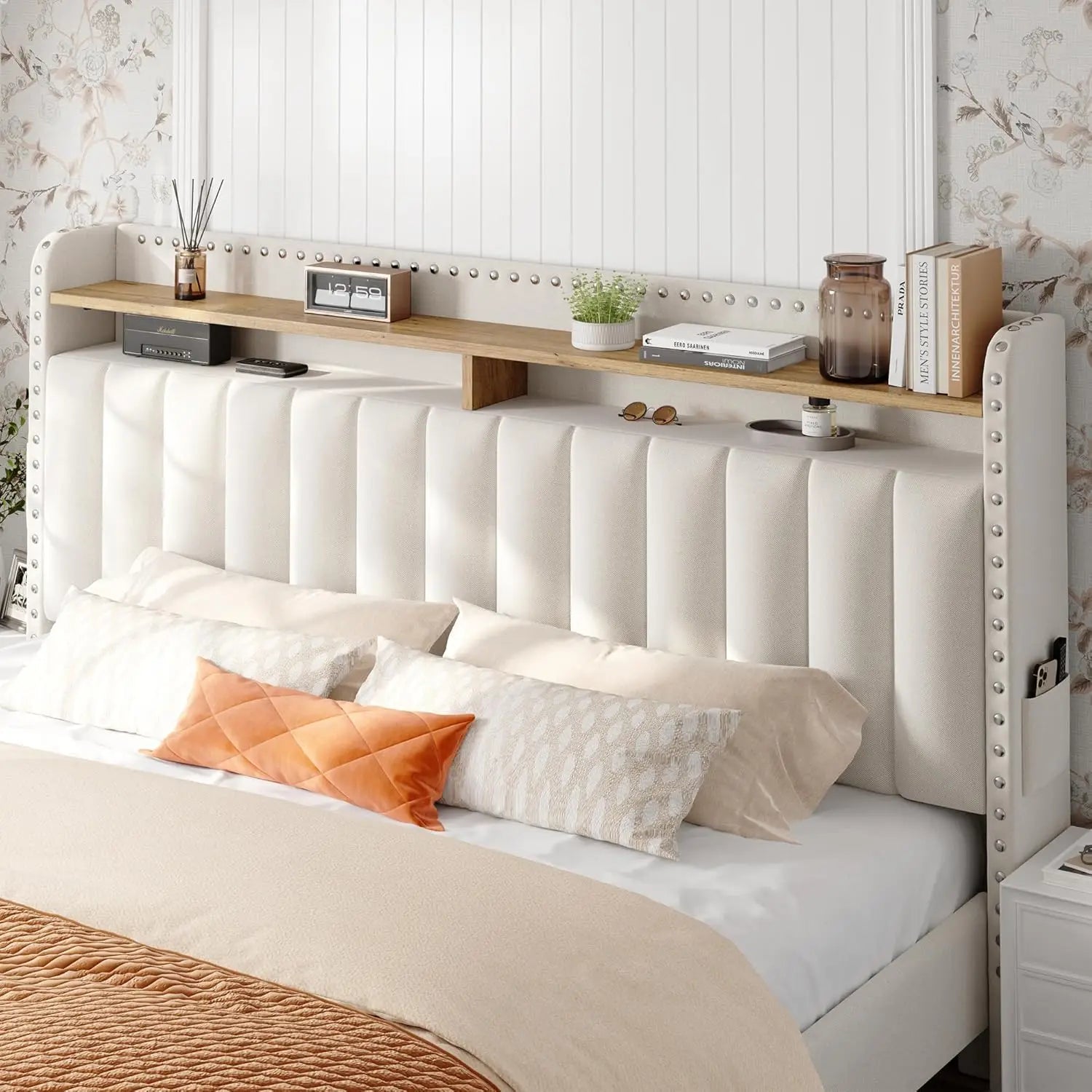 Bed Frame with Headboard and Storage, Upholstered Queen Bed Frame with Storage, Queen Size Bed Frame with 2 Drawers
