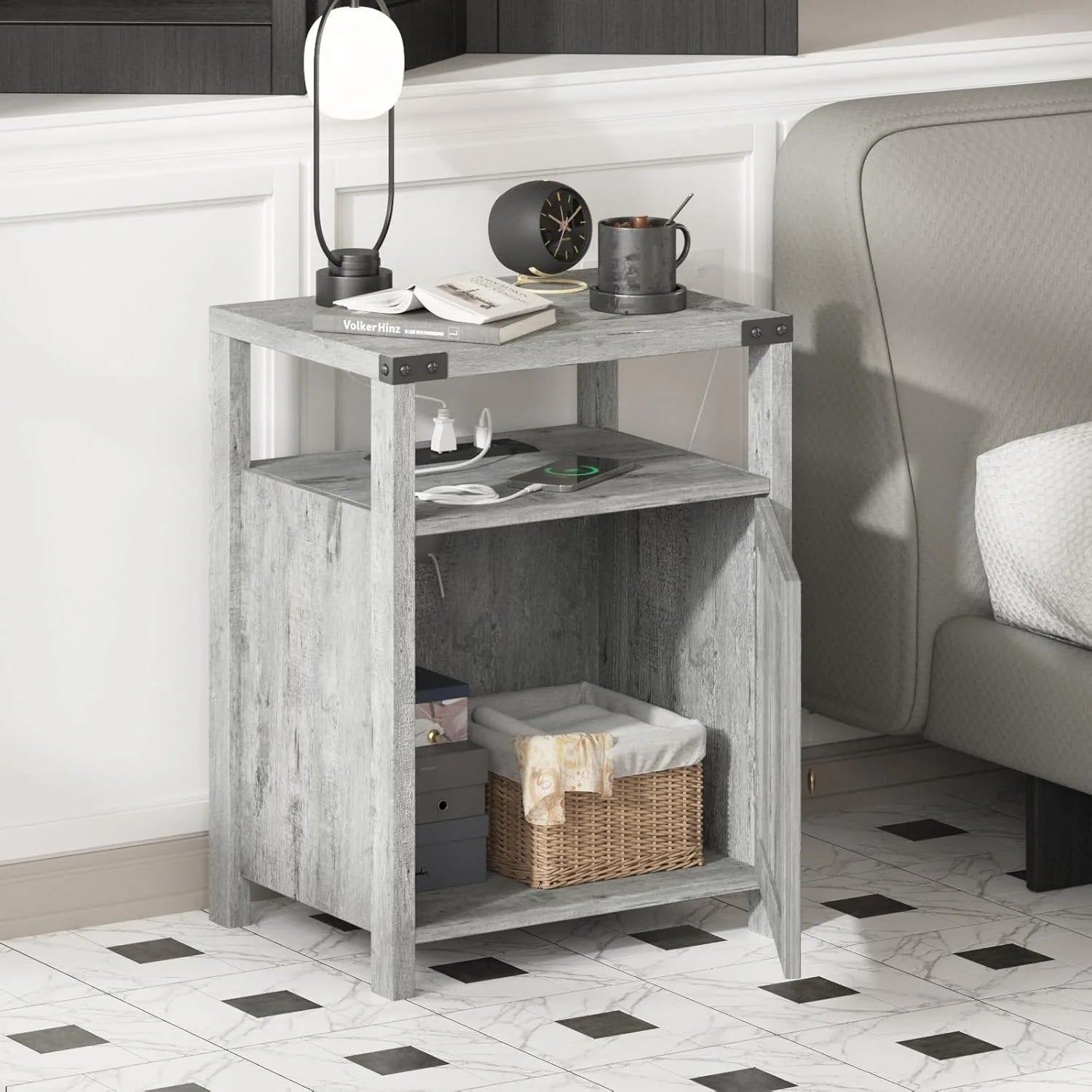 Set of 2, Night Stand with Charging Station, Farmhouse End Table for Living Room with USB Ports and Outlets