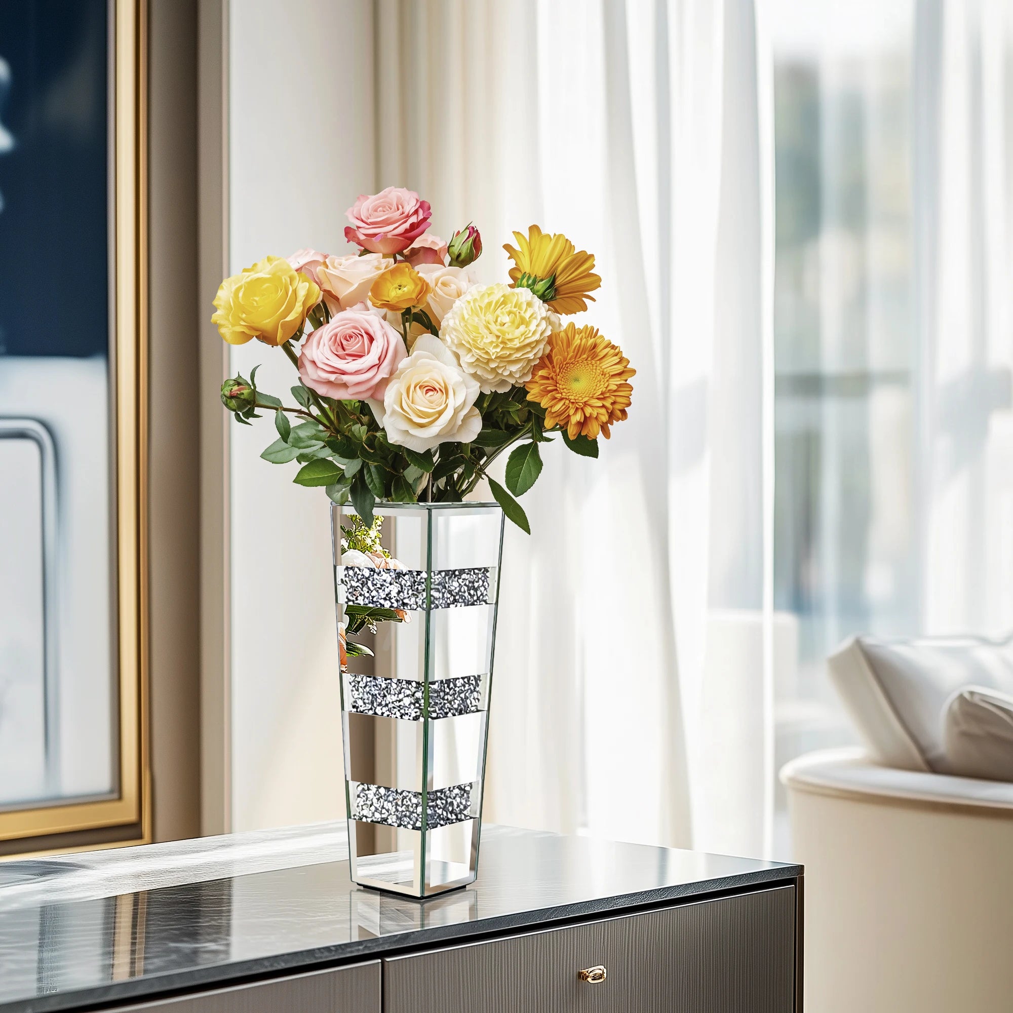 Tall Floor Mirror Vase, Large Crushed Diamond Glass Vase for Home Decor Modern Crystal Centerpiece for Living Room Wedding Hotel