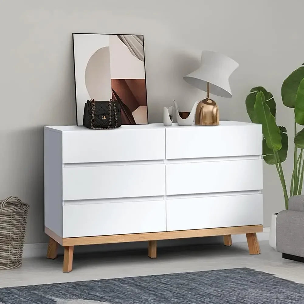 Dresser for Bedroom 6 Drawer Double Dresser Chest of Drawers Large Storage Cabinet Wooden Dresser for Bedroom (White)