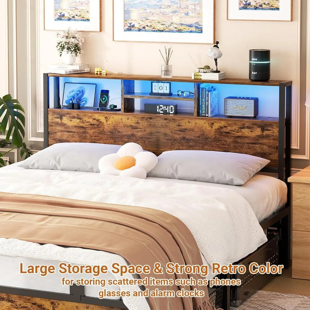 Headboard for Queen Size Bed with Storage, Headboards with Outlets, USB Ports and LED Light, Queen Head Board ,Height Adjustable