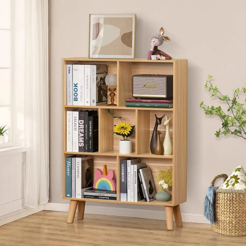 Wooden 7 Cube Book Shelf, Natural 3 Tier Bookshelf with Legs, Modern Open Storage Organizer,Boho Bookcase,Display Cabinet Shelf