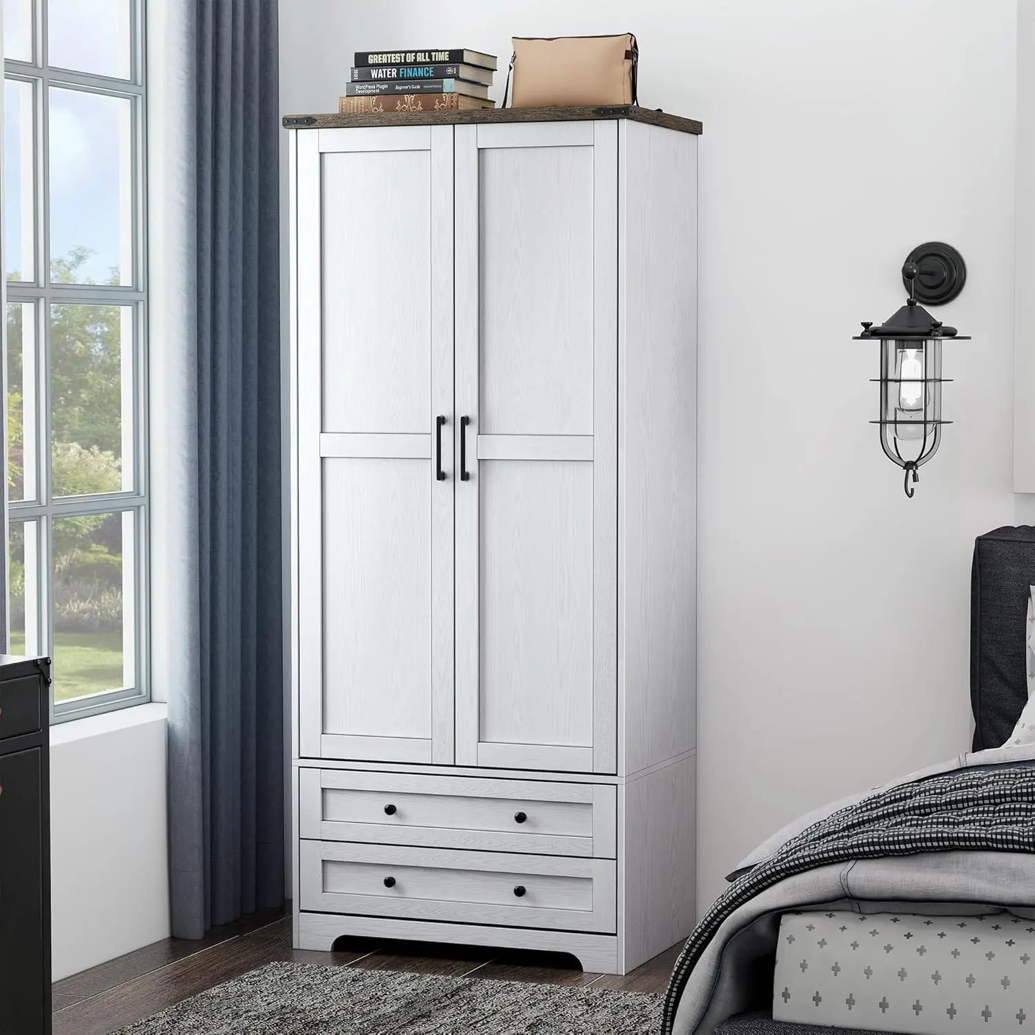 Wooden Armoire Wardrobe Closet - Modern Functional Clothes Tall Storage Cabinet with Adjustable Shelf and Hanging Rail, Sturdy F