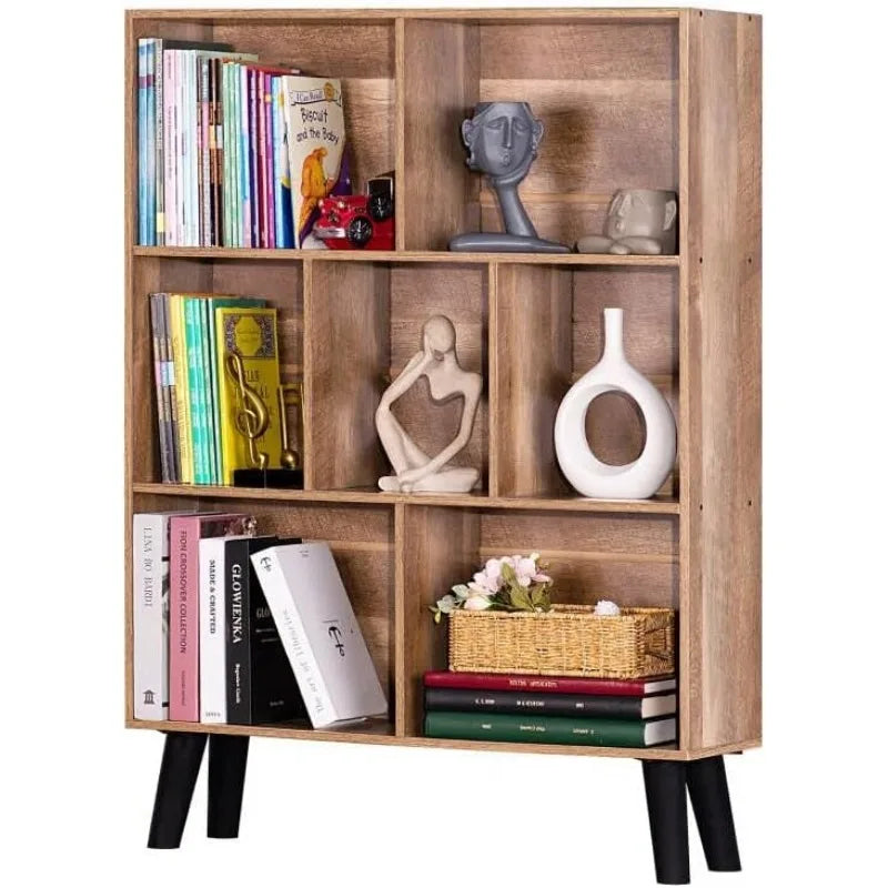 Wooden 7 Cube Book Shelf, Natural 3 Tier Bookshelf with Legs, Modern Open Storage Organizer,Boho Bookcase,Display Cabinet Shelf